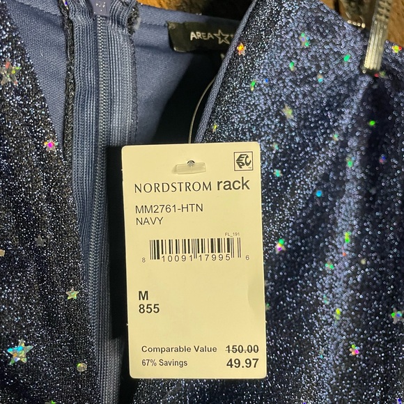 NWT AREA STARS Sparkle Off Shoulder Plunge Puff Long Sleeve Bodycon Mini Dress M - Picture 5 of 7